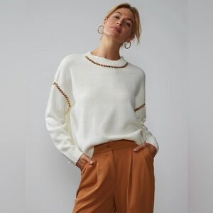🛍️NEW New York & Company XXL White Long Sleeve Crew Neck Gold Chain Swea…